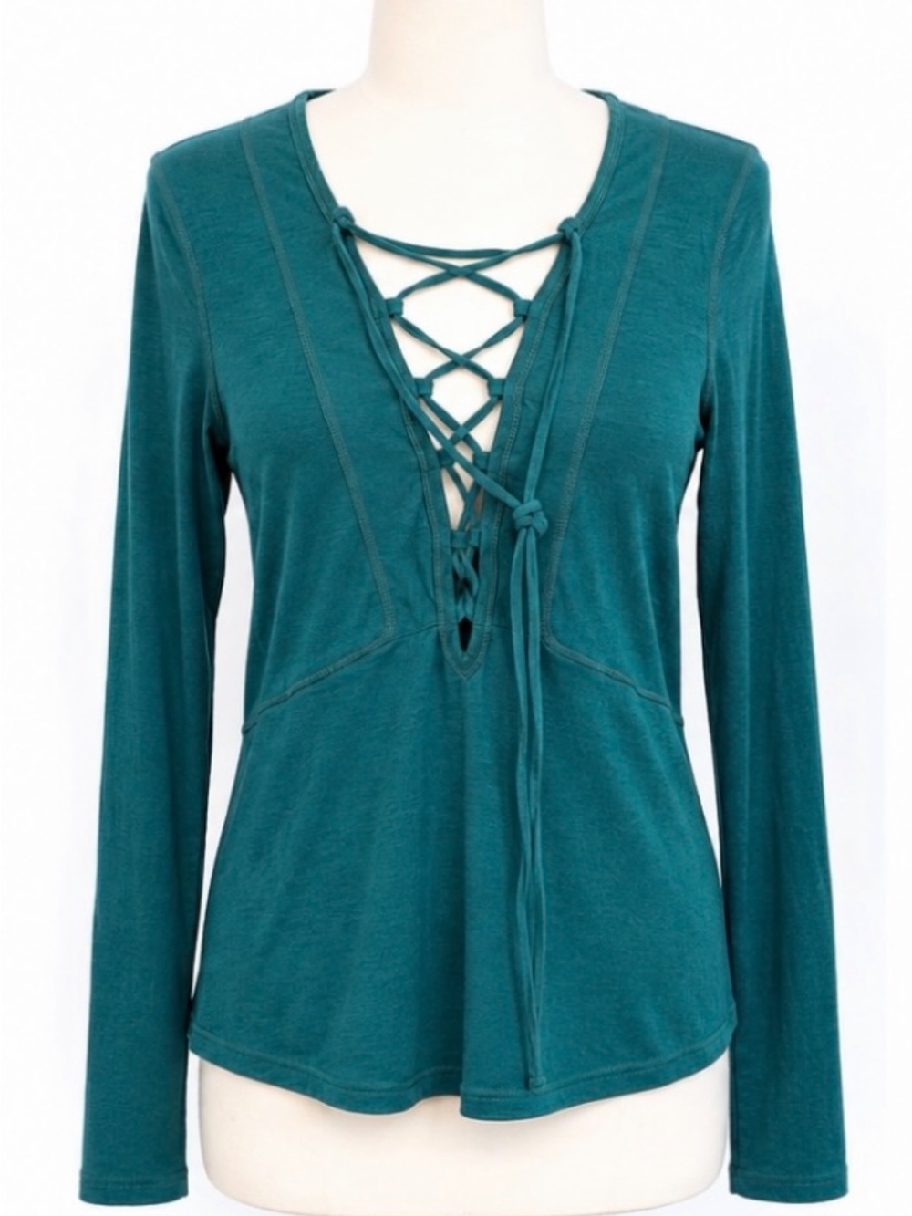 NWT Free People Teal Green Lace Up Long Sleeve Top Size M #213